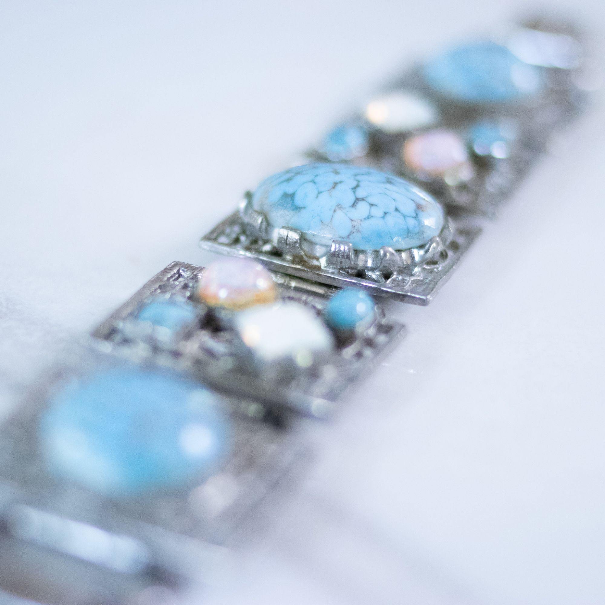 Vintage Chunky Silver Panel Bracelet with Turquoise Art Glass, Dragons Breath, and Opaline Glass Cabochons by Unsigned Beauty - Vintage Meet Modern Vintage Jewelry - Chicago, Illinois - #oldhollywoodglamour #vintagemeetmodern #designervintage #jewelrybox #antiquejewelry #vintagejewelry