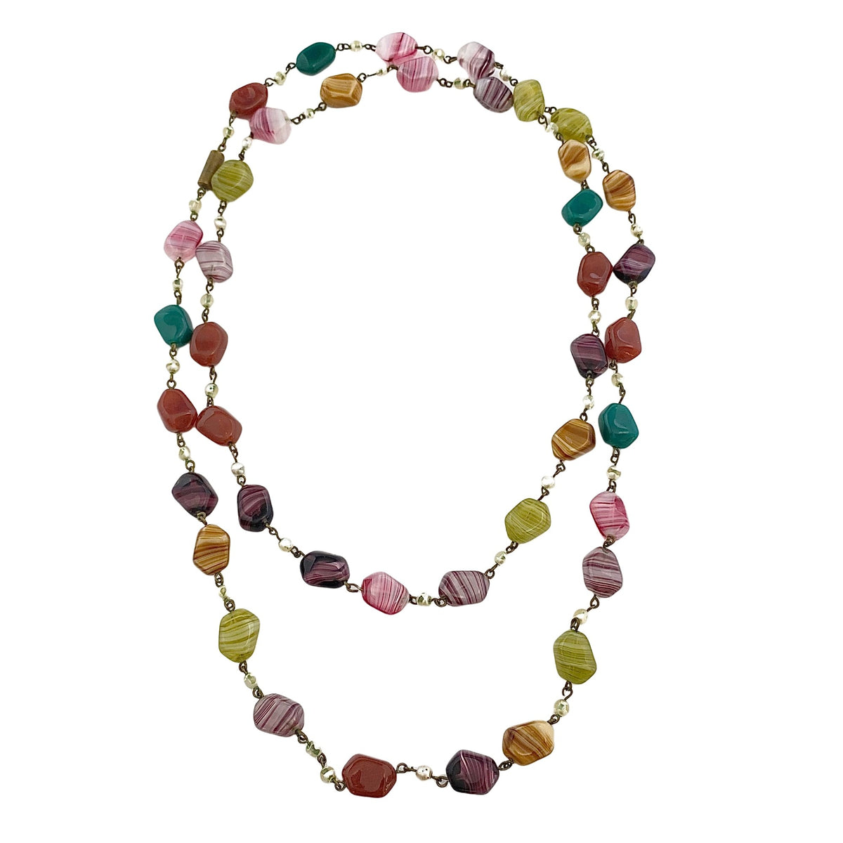 Vintage 1940s Colorful Art Glass and Faux Pearl Necklace