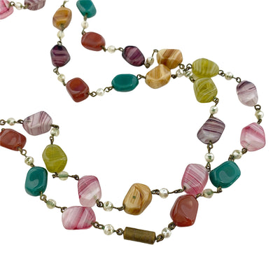 Vintage 1940s Colorful Art Glass and Faux Pearl Necklace by Unsigned Beauty - Vintage Meet Modern Vintage Jewelry - Chicago, Illinois - #oldhollywoodglamour #vintagemeetmodern #designervintage #jewelrybox #antiquejewelry #vintagejewelry
