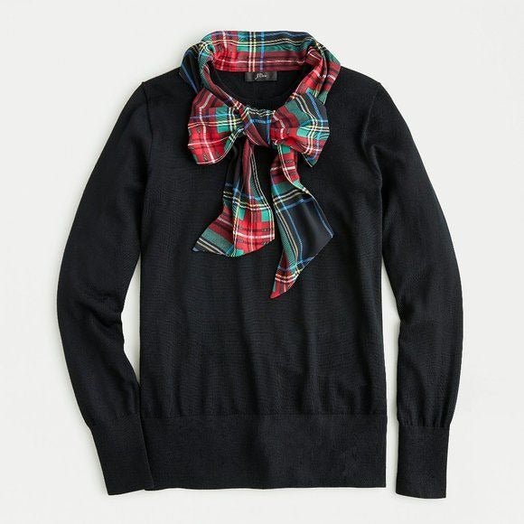 J.Crew Merino Mockneck Sweater W/ Tartan Scarf Tie
