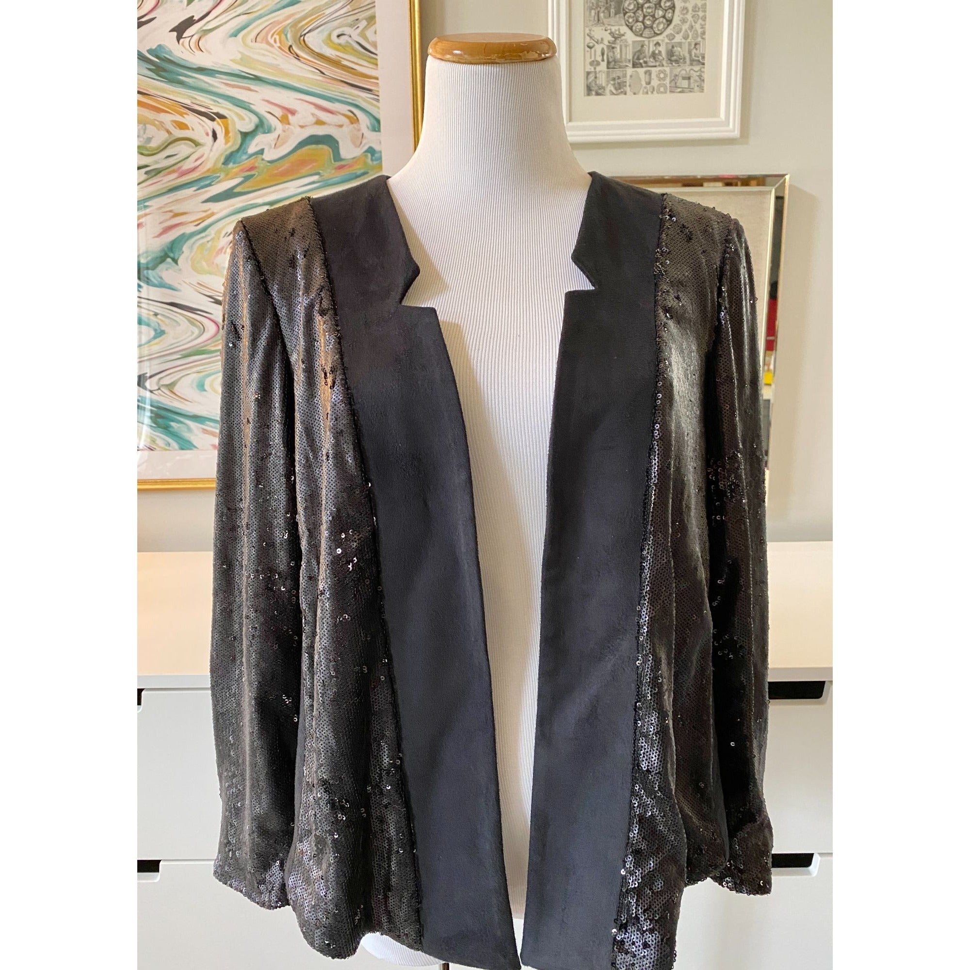 Shonda Black Ultra Suede Sequined Jacket by Anthropologie - Vintage Meet Modern Vintage Jewelry - Chicago, Illinois - #oldhollywoodglamour #vintagemeetmodern #designervintage #jewelrybox #antiquejewelry #vintagejewelry