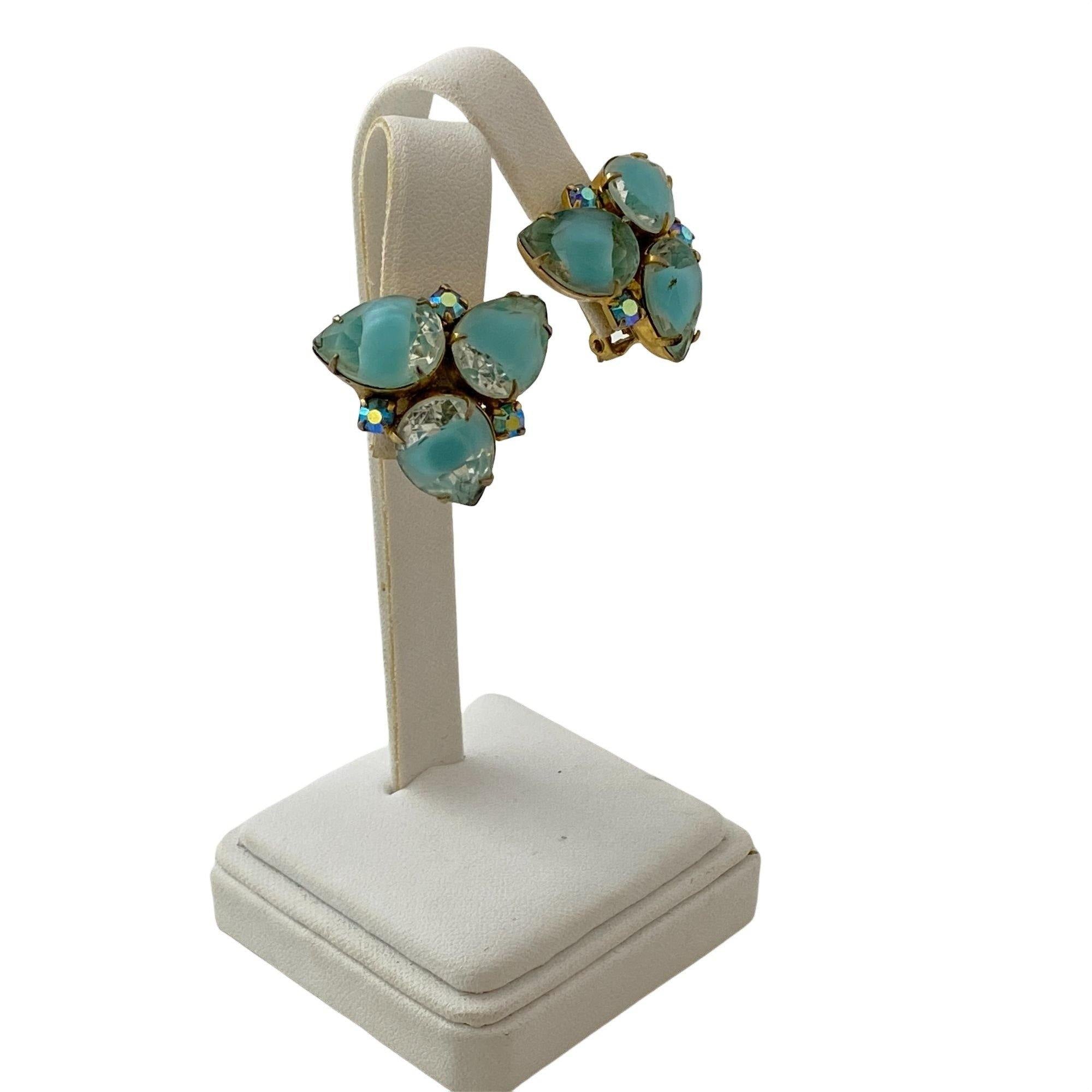 Vintage Aqua Crystal Rhinestone Statement Earrings by Unsigned Beauty - Vintage Meet Modern Vintage Jewelry - Chicago, Illinois - #oldhollywoodglamour #vintagemeetmodern #designervintage #jewelrybox #antiquejewelry #vintagejewelry