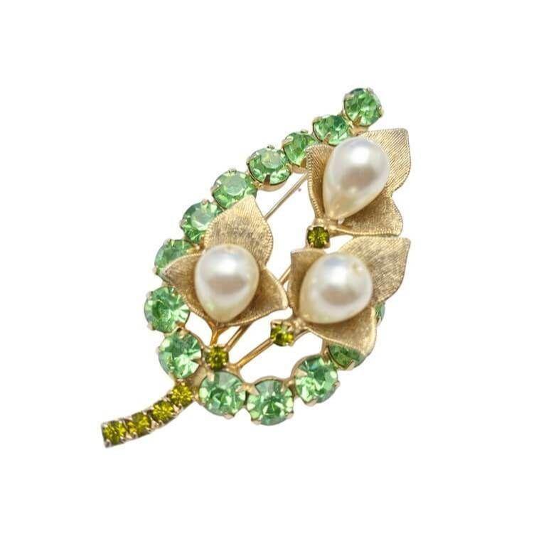 Vintage Green Rhinestone and Pearl Leaf Brooch