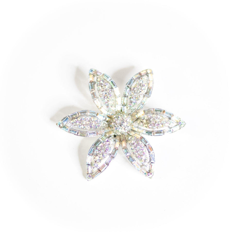 Vintage Aurora Borealis Flower Brooch by Unsigned Beauty - Vintage Meet Modern Vintage Jewelry - Chicago, Illinois - #oldhollywoodglamour #vintagemeetmodern #designervintage #jewelrybox #antiquejewelry #vintagejewelry