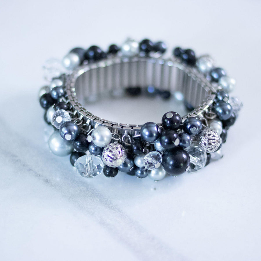 Vintage Cha Cha Bracelet with Black, Clear, Gold Gold Beads and Faux Pearls by Unsigned Beauty - Vintage Meet Modern Vintage Jewelry - Chicago, Illinois - #oldhollywoodglamour #vintagemeetmodern #designervintage #jewelrybox #antiquejewelry #vintagejewelry