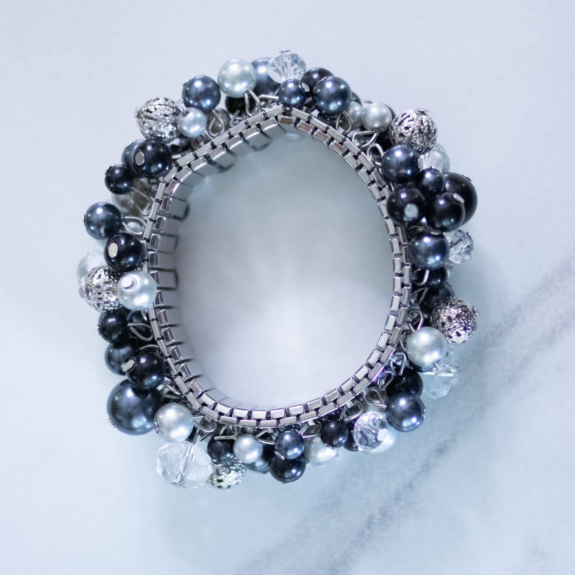 Vintage Cha Cha Bracelet with Black, Clear, Gold Gold Beads and Faux Pearls by Unsigned Beauty - Vintage Meet Modern Vintage Jewelry - Chicago, Illinois - #oldhollywoodglamour #vintagemeetmodern #designervintage #jewelrybox #antiquejewelry #vintagejewelry