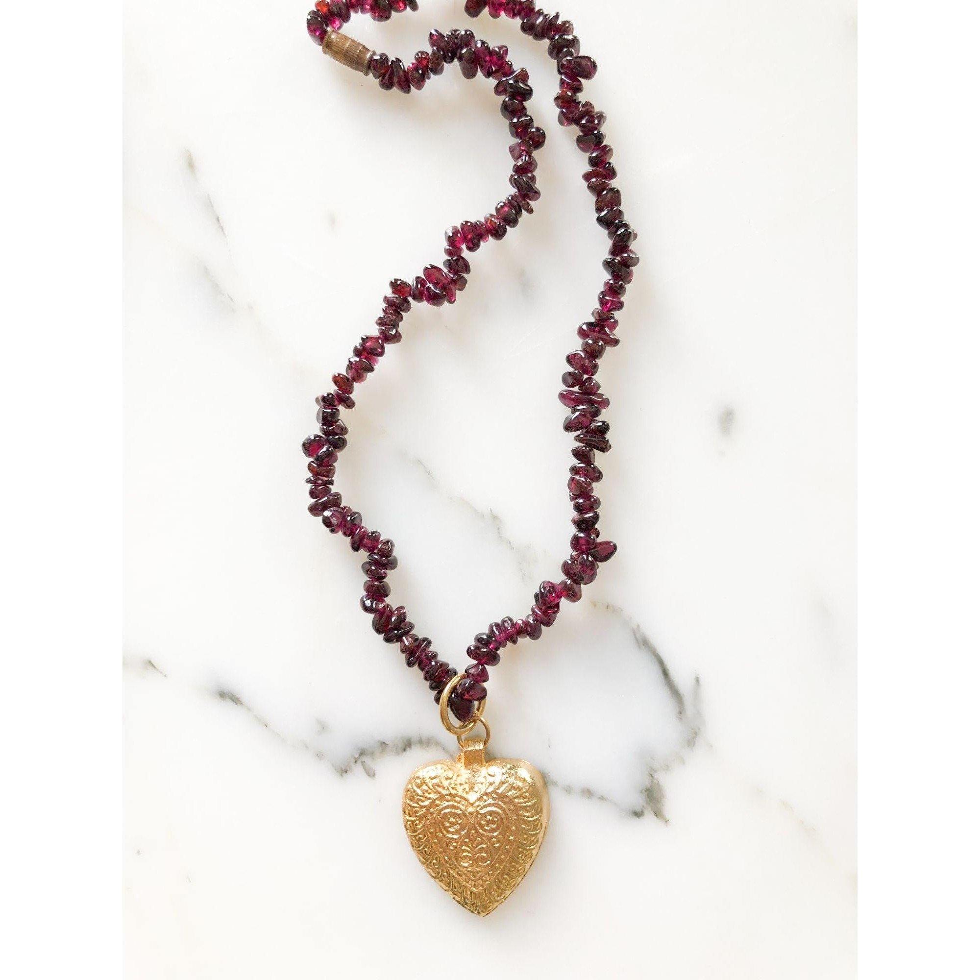 Garnet and Gold Heart Pendant Necklace by Artisan - Vintage Meet Modern Vintage Jewelry - Chicago, Illinois - #oldhollywoodglamour #vintagemeetmodern #designervintage #jewelrybox #antiquejewelry #vintagejewelry