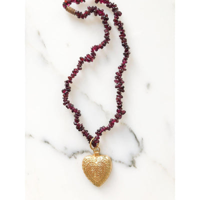 Garnet and Gold Heart Pendant Necklace by Artisan - Vintage Meet Modern Vintage Jewelry - Chicago, Illinois - #oldhollywoodglamour #vintagemeetmodern #designervintage #jewelrybox #antiquejewelry #vintagejewelry