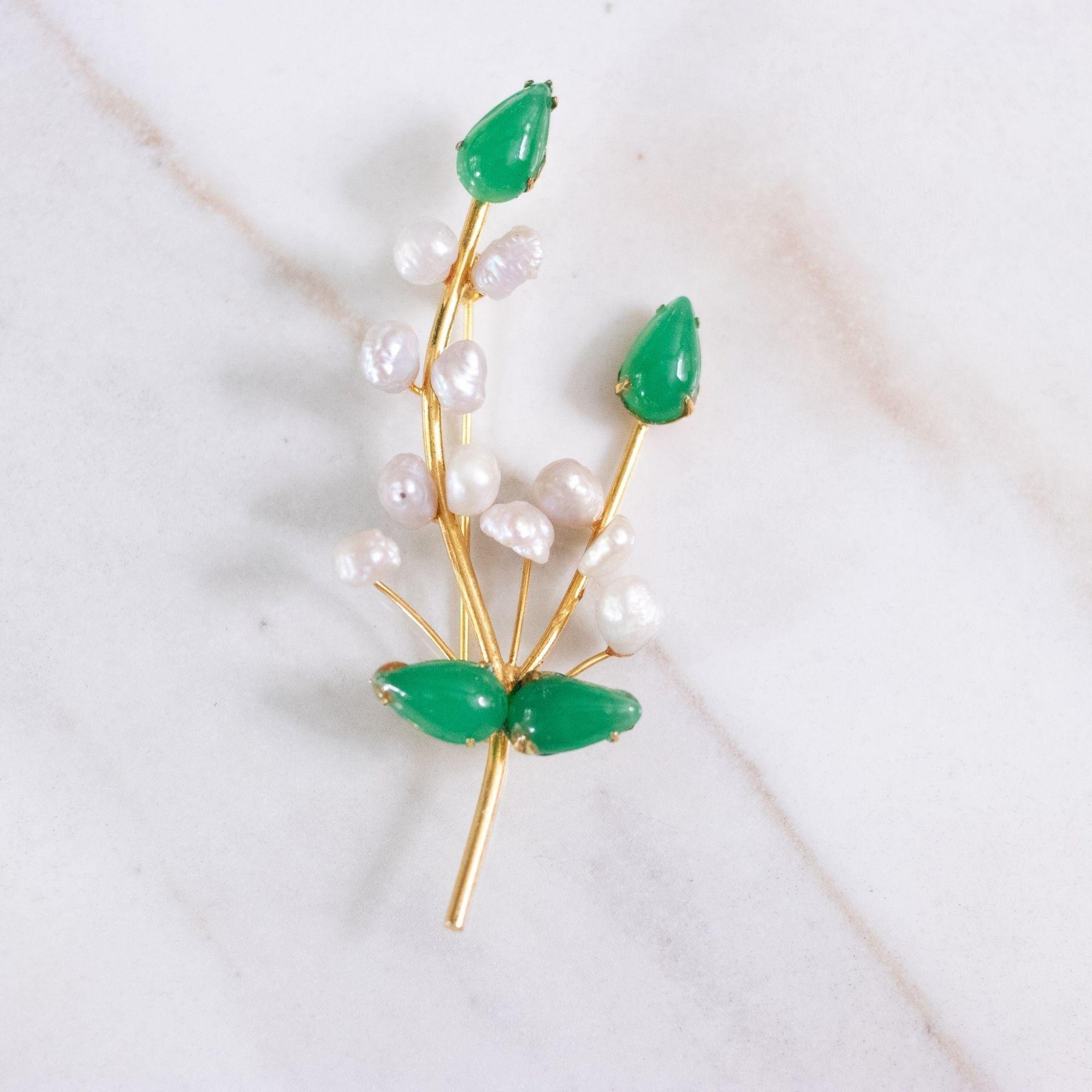 Vintage Lily of the Valley Brooch with Cultured Pearl and Jade Leaves by Unsigned Beauty - Vintage Meet Modern Vintage Jewelry - Chicago, Illinois - #oldhollywoodglamour #vintagemeetmodern #designervintage #jewelrybox #antiquejewelry #vintagejewelry