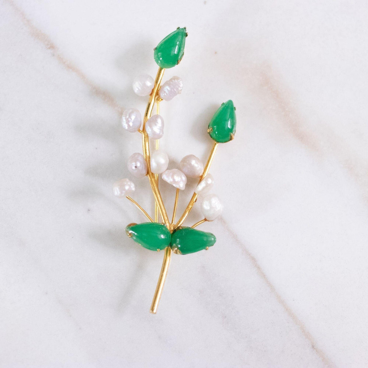 Vintage Lily of the Valley Brooch with Cultured Pearl and Jade Leaves
