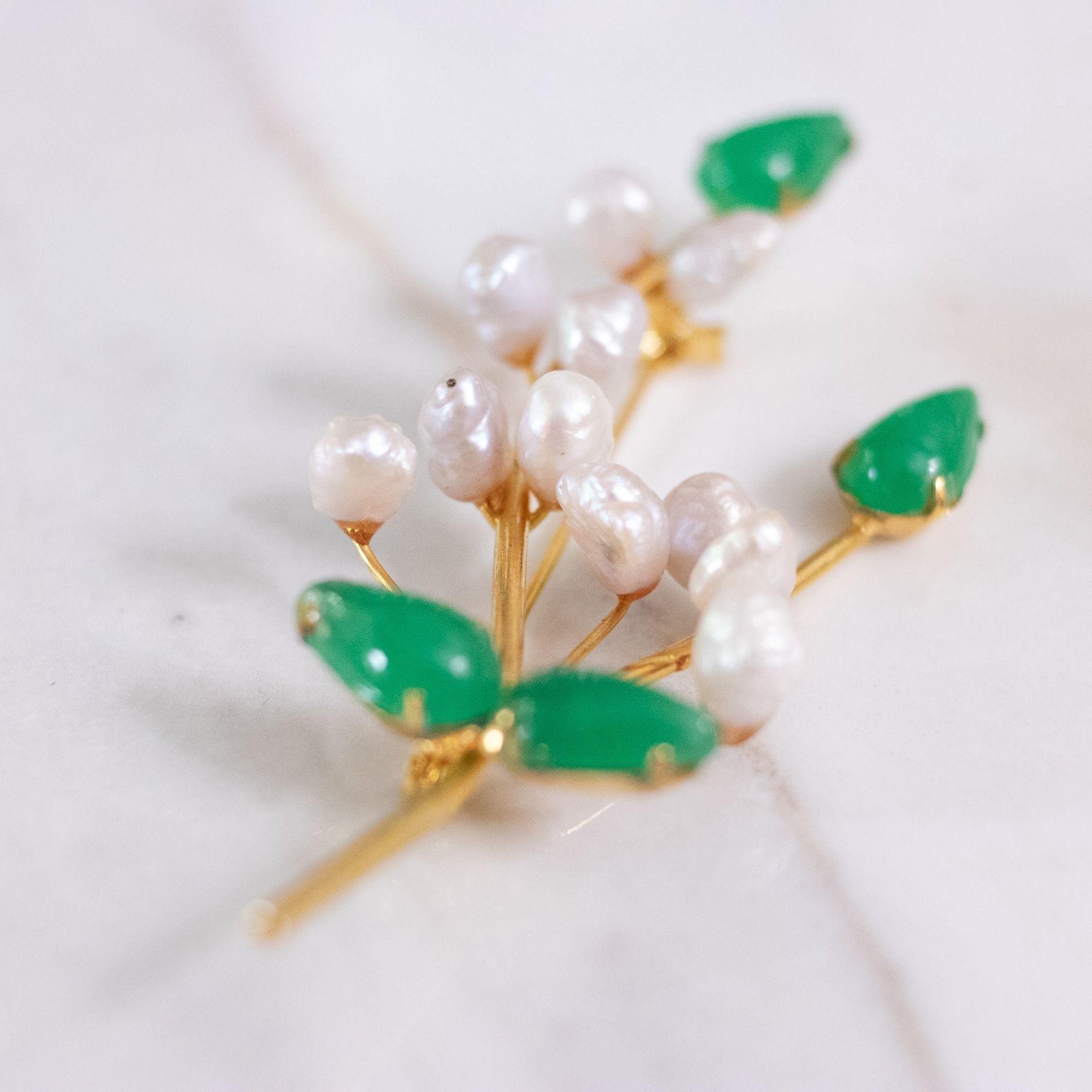Vintage Lily of the Valley Brooch with Cultured Pearl and Jade Leaves by Unsigned Beauty - Vintage Meet Modern Vintage Jewelry - Chicago, Illinois - #oldhollywoodglamour #vintagemeetmodern #designervintage #jewelrybox #antiquejewelry #vintagejewelry