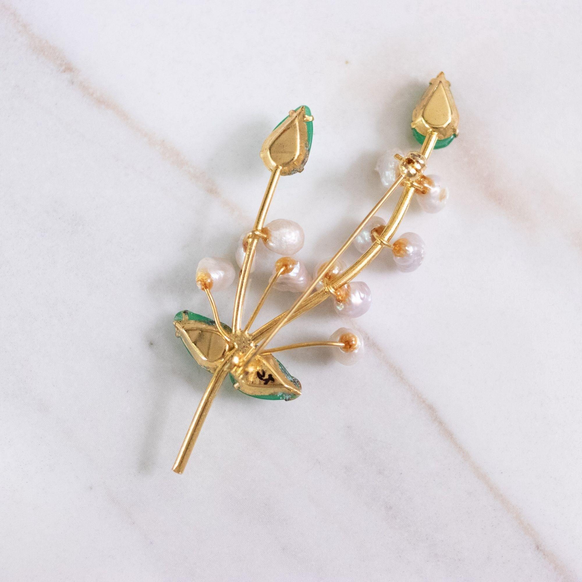 Vintage Lily of the Valley Brooch with Cultured Pearl and Jade Leaves by Unsigned Beauty - Vintage Meet Modern Vintage Jewelry - Chicago, Illinois - #oldhollywoodglamour #vintagemeetmodern #designervintage #jewelrybox #antiquejewelry #vintagejewelry