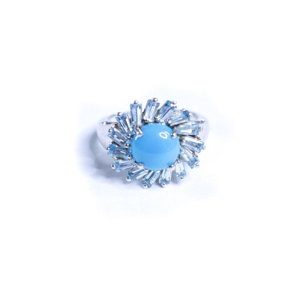Vintage Turquoise Art Glass Cabochon with Blue Topaz Baguettes