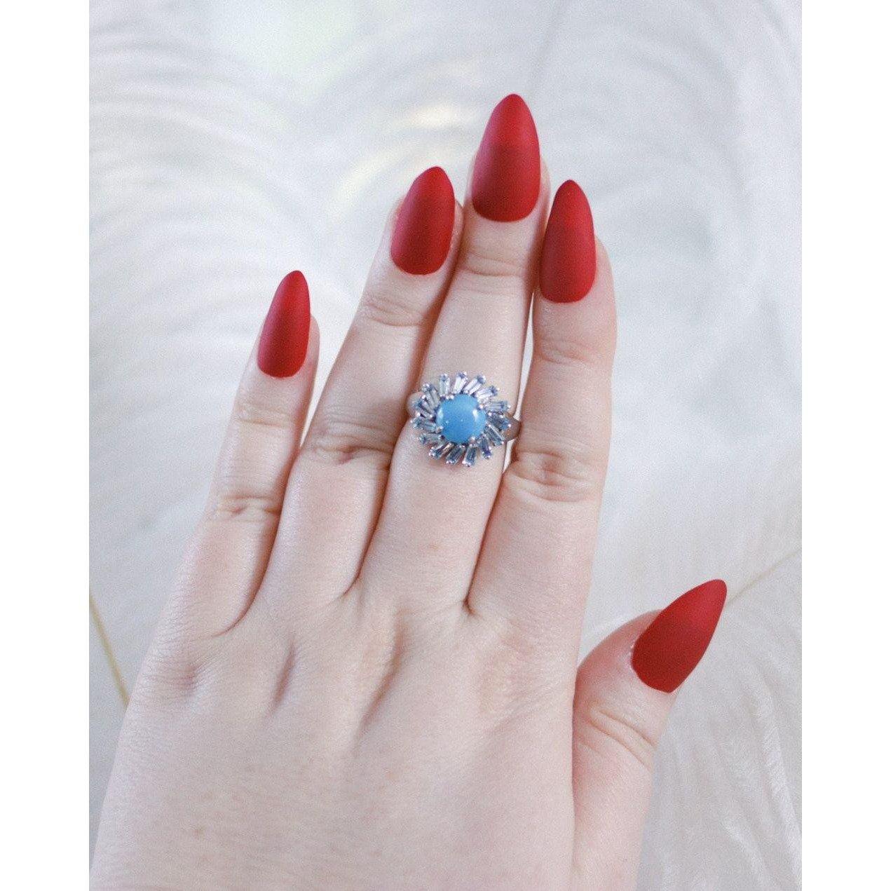 Vintage Turquoise Art Glass Cabochon with Blue Topaz Baguettes by Unsigned Beauty - Vintage Meet Modern Vintage Jewelry - Chicago, Illinois - #oldhollywoodglamour #vintagemeetmodern #designervintage #jewelrybox #antiquejewelry #vintagejewelry