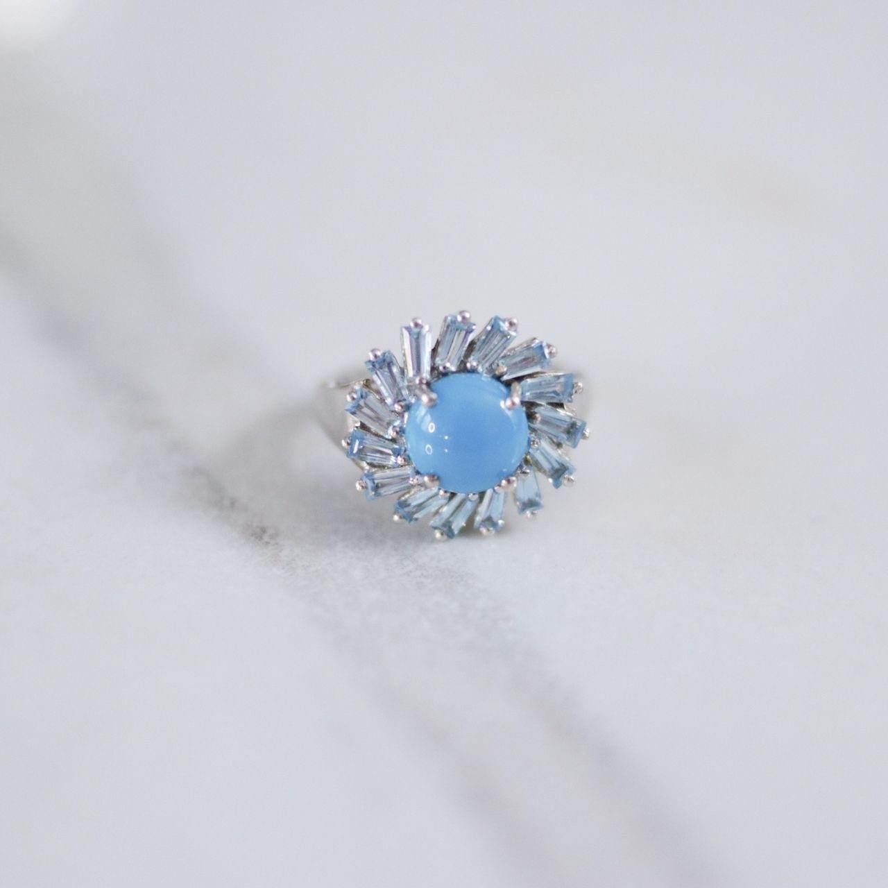 Vintage Turquoise Art Glass Cabochon with Blue Topaz Baguettes by Unsigned Beauty - Vintage Meet Modern Vintage Jewelry - Chicago, Illinois - #oldhollywoodglamour #vintagemeetmodern #designervintage #jewelrybox #antiquejewelry #vintagejewelry