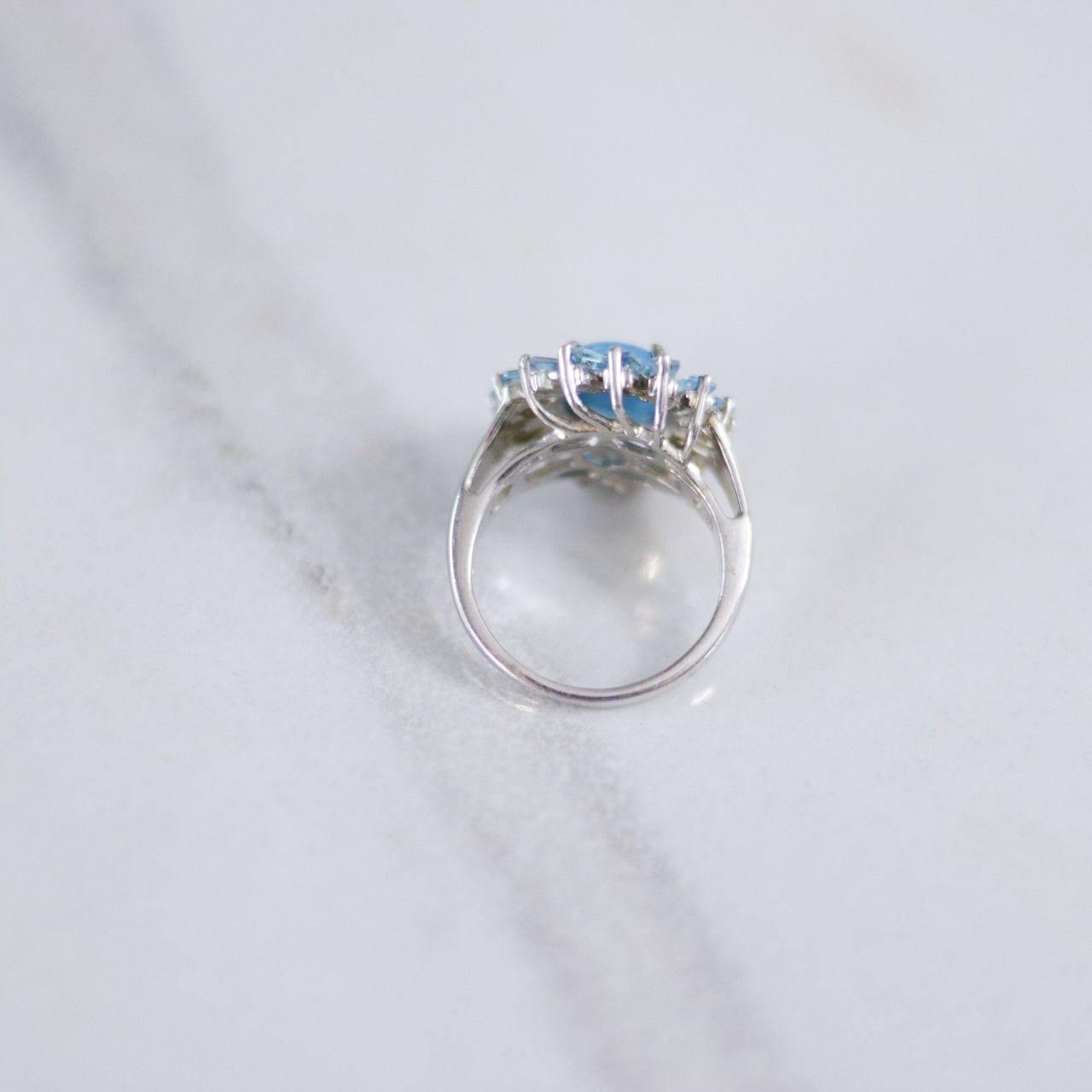 Vintage Turquoise Art Glass Cabochon with Blue Topaz Baguettes by Unsigned Beauty - Vintage Meet Modern Vintage Jewelry - Chicago, Illinois - #oldhollywoodglamour #vintagemeetmodern #designervintage #jewelrybox #antiquejewelry #vintagejewelry