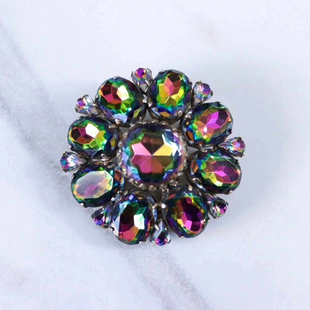 Vintage Heliotrope Rhinestone Medallion Brooch by Unsigned Designer - Vintage Meet Modern Vintage Jewelry - Chicago, Illinois - #oldhollywoodglamour #vintagemeetmodern #designervintage #jewelrybox #antiquejewelry #vintagejewelry