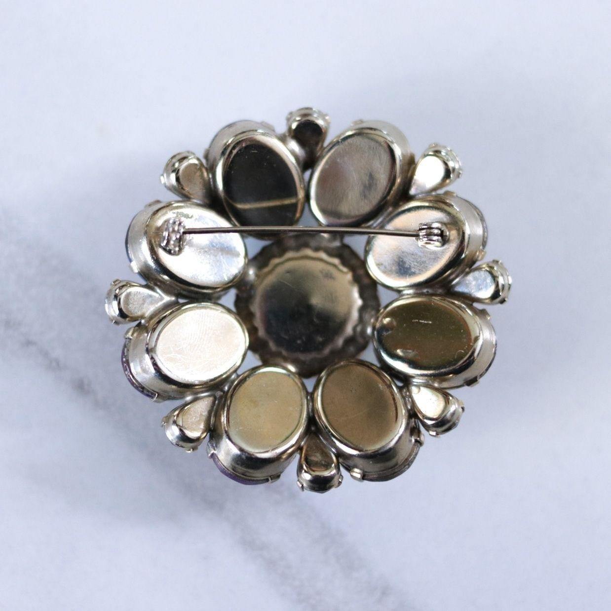 Vintage Heliotrope Rhinestone Medallion Brooch by Unsigned Designer - Vintage Meet Modern Vintage Jewelry - Chicago, Illinois - #oldhollywoodglamour #vintagemeetmodern #designervintage #jewelrybox #antiquejewelry #vintagejewelry