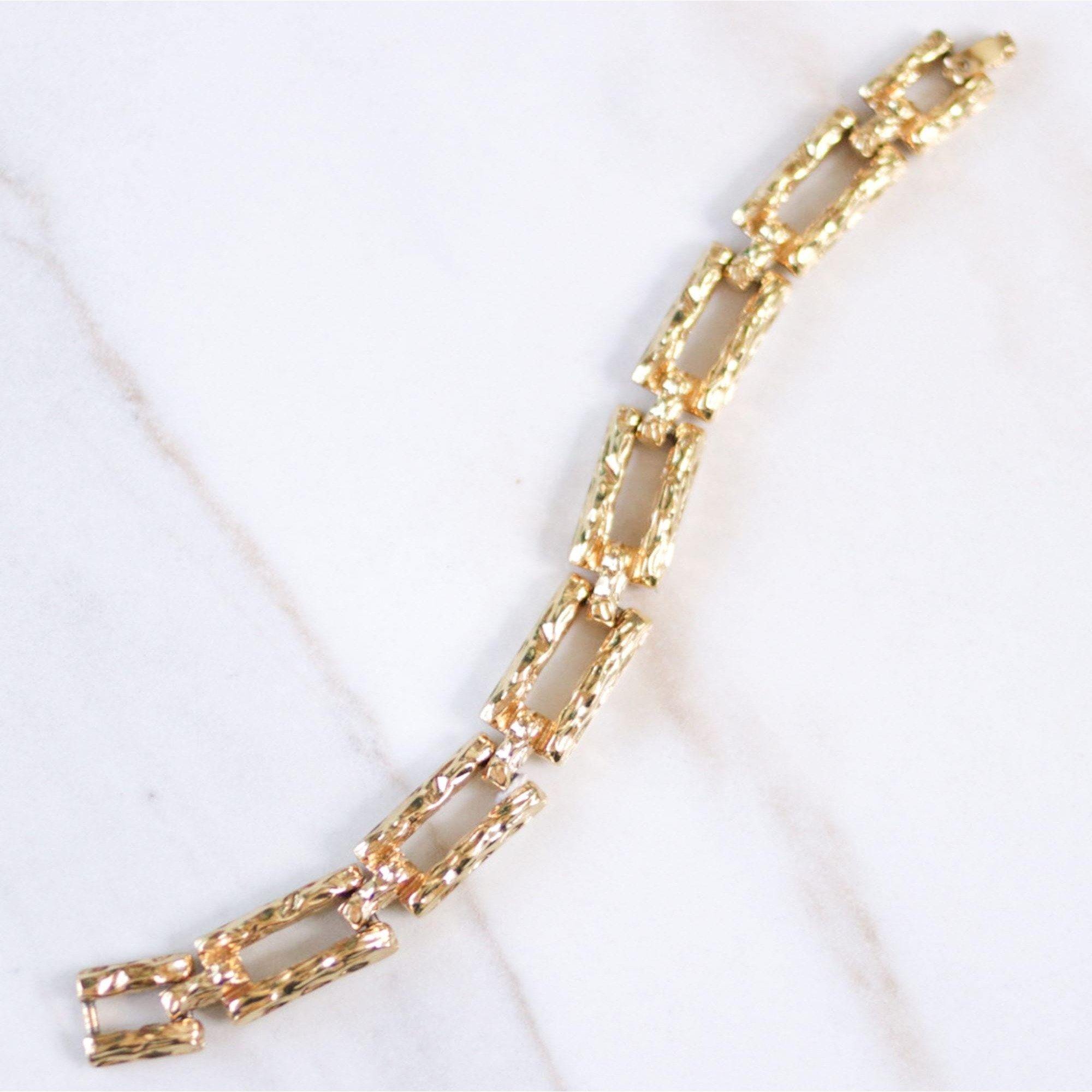 Vintage Napier Gold Rectangular Geometric Textured Link Bracelet by Napier - Vintage Meet Modern Vintage Jewelry - Chicago, Illinois - #oldhollywoodglamour #vintagemeetmodern #designervintage #jewelrybox #antiquejewelry #vintagejewelry
