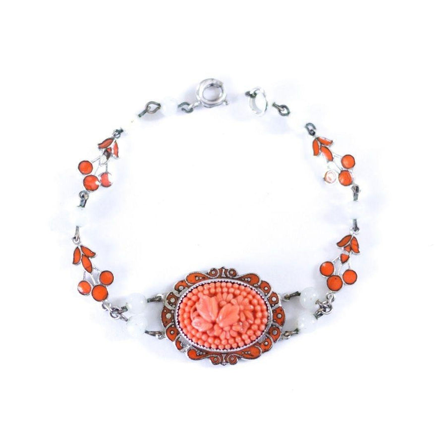 Vintage 1930s Czech Coral Floral Pressed Glass Bracelet with White Glass Beads and Enamel Accents by Czech - Vintage Meet Modern Vintage Jewelry - Chicago, Illinois - #oldhollywoodglamour #vintagemeetmodern #designervintage #jewelrybox #antiquejewelry #vintagejewelry