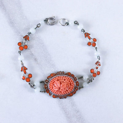 Vintage 1930s Czech Coral Floral Pressed Glass Bracelet with White Glass Beads and Enamel Accents by Czech - Vintage Meet Modern Vintage Jewelry - Chicago, Illinois - #oldhollywoodglamour #vintagemeetmodern #designervintage #jewelrybox #antiquejewelry #vintagejewelry