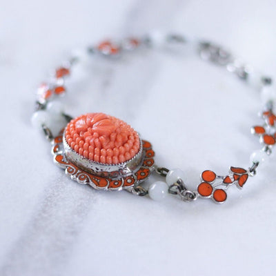 Vintage 1930s Czech Coral Floral Pressed Glass Bracelet with White Glass Beads and Enamel Accents by Czech - Vintage Meet Modern Vintage Jewelry - Chicago, Illinois - #oldhollywoodglamour #vintagemeetmodern #designervintage #jewelrybox #antiquejewelry #vintagejewelry