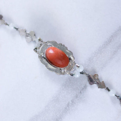 Vintage 1930s Czech Coral Floral Pressed Glass Bracelet with White Glass Beads and Enamel Accents by Czech - Vintage Meet Modern Vintage Jewelry - Chicago, Illinois - #oldhollywoodglamour #vintagemeetmodern #designervintage #jewelrybox #antiquejewelry #vintagejewelry