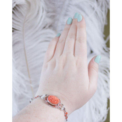 Vintage 1930s Czech Coral Floral Pressed Glass Bracelet with White Glass Beads and Enamel Accents by Czech - Vintage Meet Modern Vintage Jewelry - Chicago, Illinois - #oldhollywoodglamour #vintagemeetmodern #designervintage #jewelrybox #antiquejewelry #vintagejewelry
