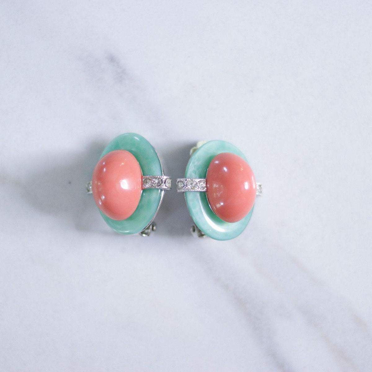 Vintage Kenneth Jay Lane Art Deco Inspired Coral Lucite and Faux Jade Statement Earrings