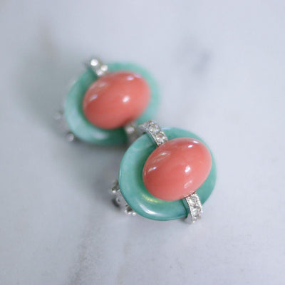 Vintage Kenneth Jay Lane Art Deco Inspired Coral Lucite and Faux Jade Statement Earrings by Kenneth Jay Lane - Vintage Meet Modern Vintage Jewelry - Chicago, Illinois - #oldhollywoodglamour #vintagemeetmodern #designervintage #jewelrybox #antiquejewelry #vintagejewelry
