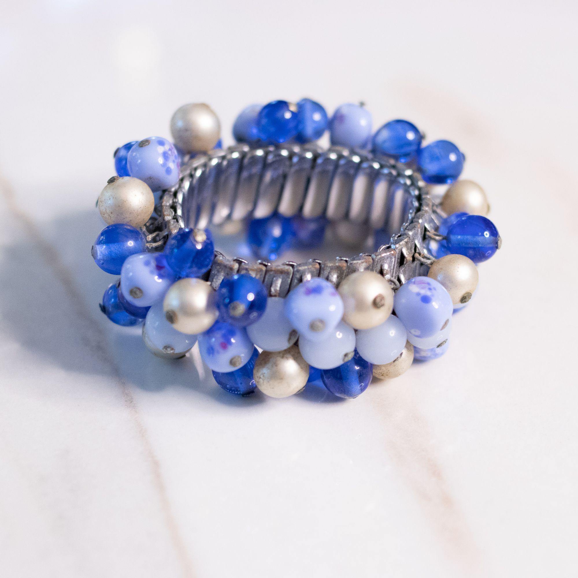 Vintage 1950s Blue Glass and Faux Pearl Cha Cha Bracelet by Unsigned Beauty - Vintage Meet Modern Vintage Jewelry - Chicago, Illinois - #oldhollywoodglamour #vintagemeetmodern #designervintage #jewelrybox #antiquejewelry #vintagejewelry