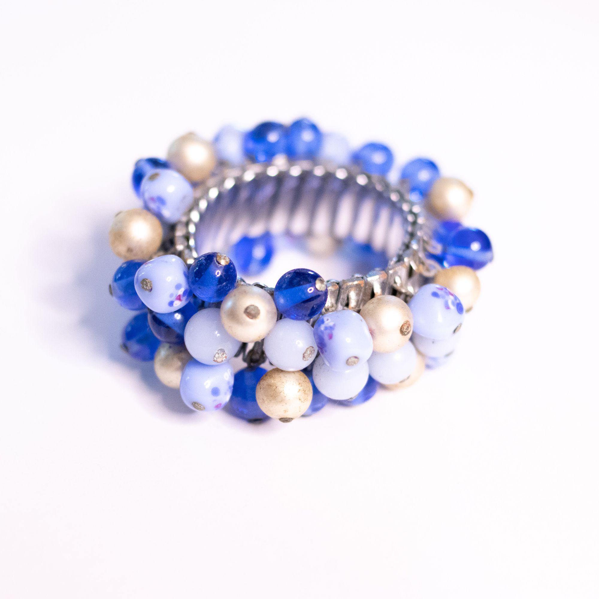 Vintage 1950s Blue Glass and Faux Pearl Cha Cha Bracelet by Unsigned Beauty - Vintage Meet Modern Vintage Jewelry - Chicago, Illinois - #oldhollywoodglamour #vintagemeetmodern #designervintage #jewelrybox #antiquejewelry #vintagejewelry