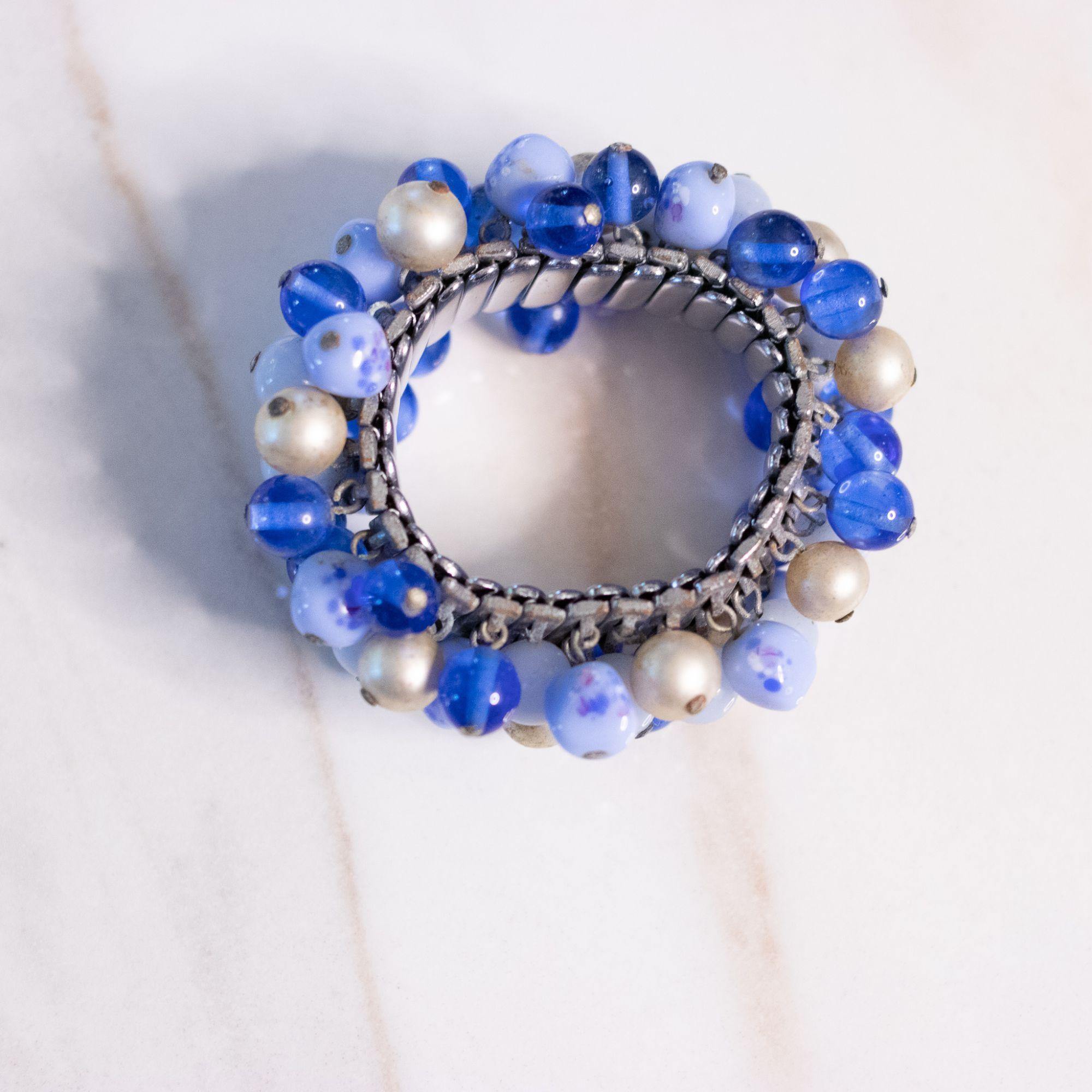 Vintage 1950s Blue Glass and Faux Pearl Cha Cha Bracelet by Unsigned Beauty - Vintage Meet Modern Vintage Jewelry - Chicago, Illinois - #oldhollywoodglamour #vintagemeetmodern #designervintage #jewelrybox #antiquejewelry #vintagejewelry