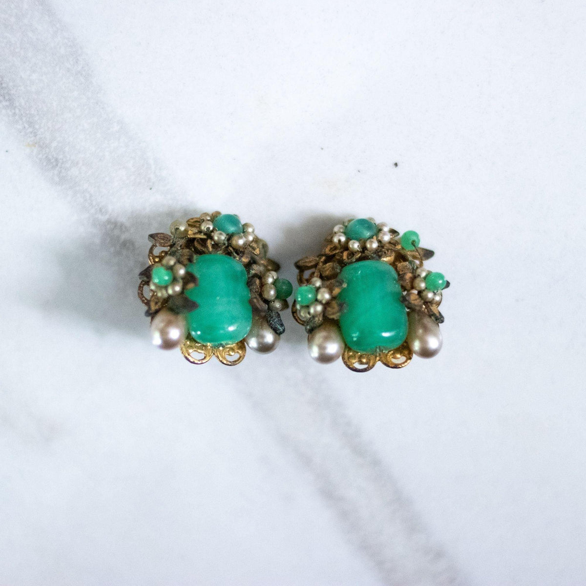 Vintage Jade Glass, Hand Wired Faux Pearls Floral Statement Earrings