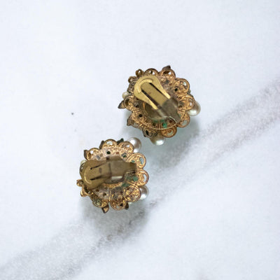 Vintage Jade Glass, Hand Wired Faux Pearls Floral Statement Earrings by Unsigned Beauty - Vintage Meet Modern Vintage Jewelry - Chicago, Illinois - #oldhollywoodglamour #vintagemeetmodern #designervintage #jewelrybox #antiquejewelry #vintagejewelry