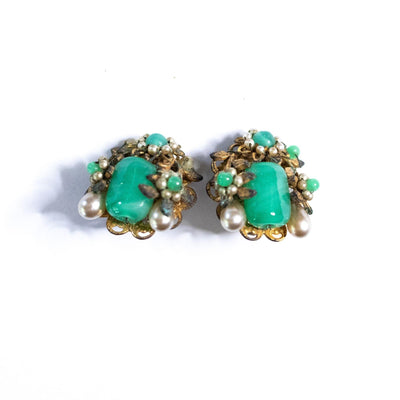 Vintage Jade Glass, Hand Wired Faux Pearls Floral Statement Earrings by Unsigned Beauty - Vintage Meet Modern Vintage Jewelry - Chicago, Illinois - #oldhollywoodglamour #vintagemeetmodern #designervintage #jewelrybox #antiquejewelry #vintagejewelry