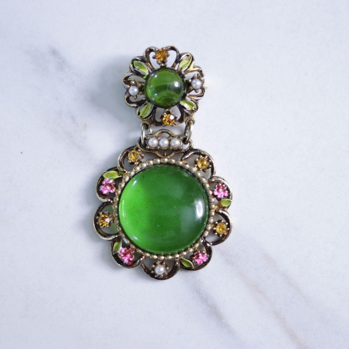 Vintage Green Lucite with Floral Accent Fob Style Brooch