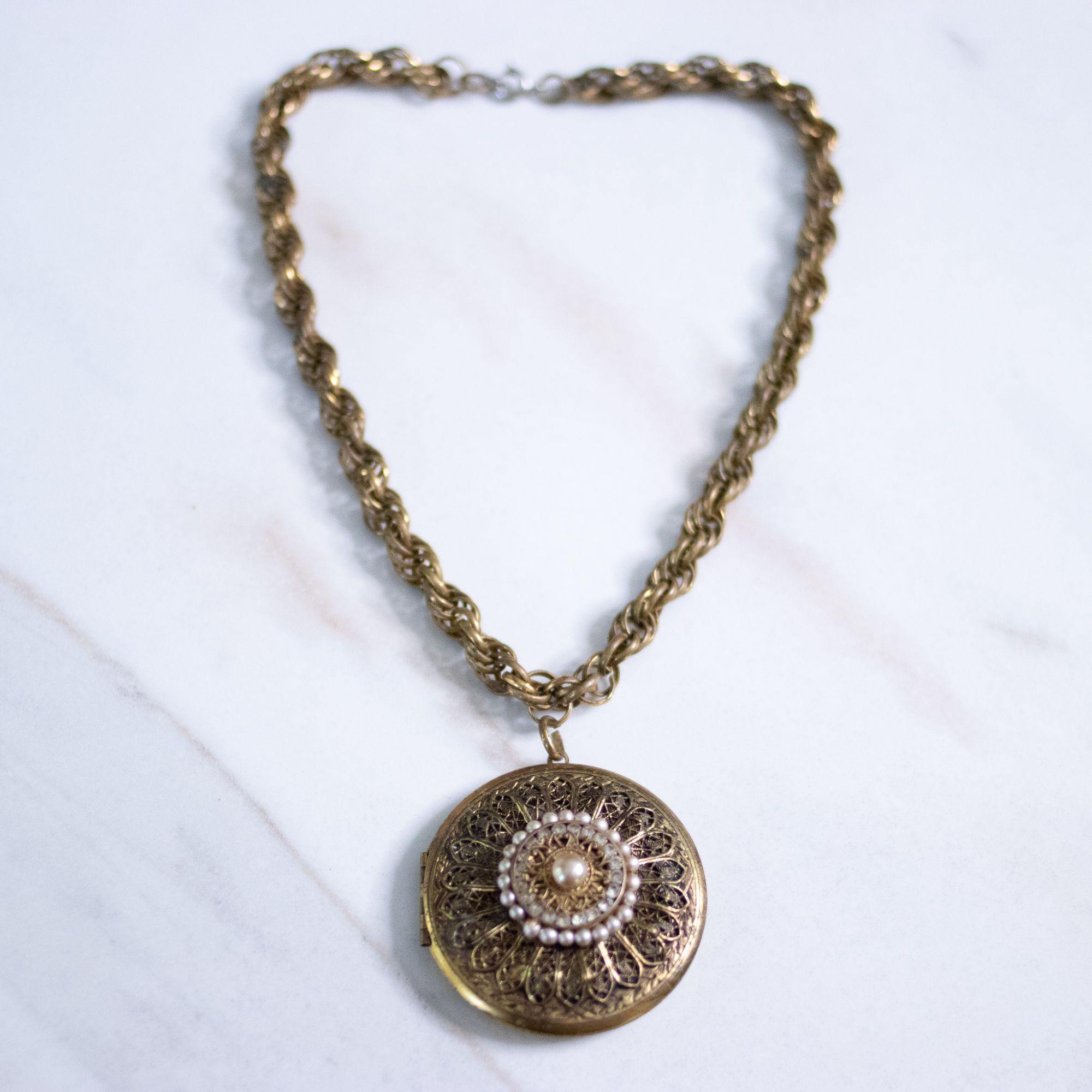 Vintage Chunky Gold Medallion Locket with Faux Pearls by Unsigned Beauty - Vintage Meet Modern Vintage Jewelry - Chicago, Illinois - #oldhollywoodglamour #vintagemeetmodern #designervintage #jewelrybox #antiquejewelry #vintagejewelry