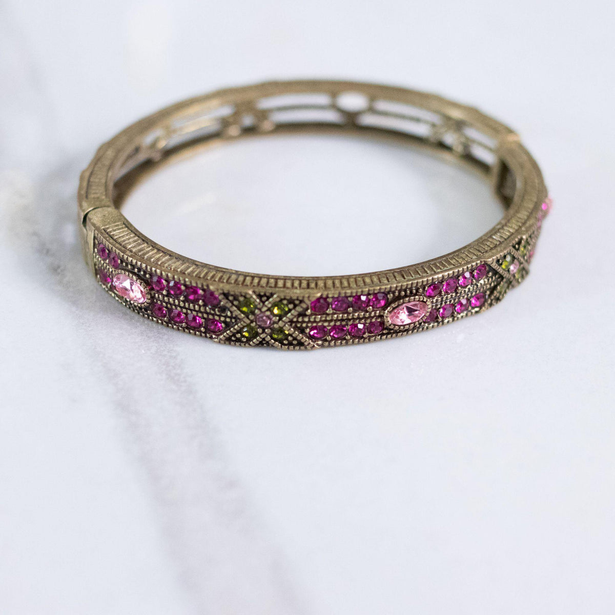 Vintage Heidi Daus Pink and Green Rhinestone Hinged Bangle Bracelet