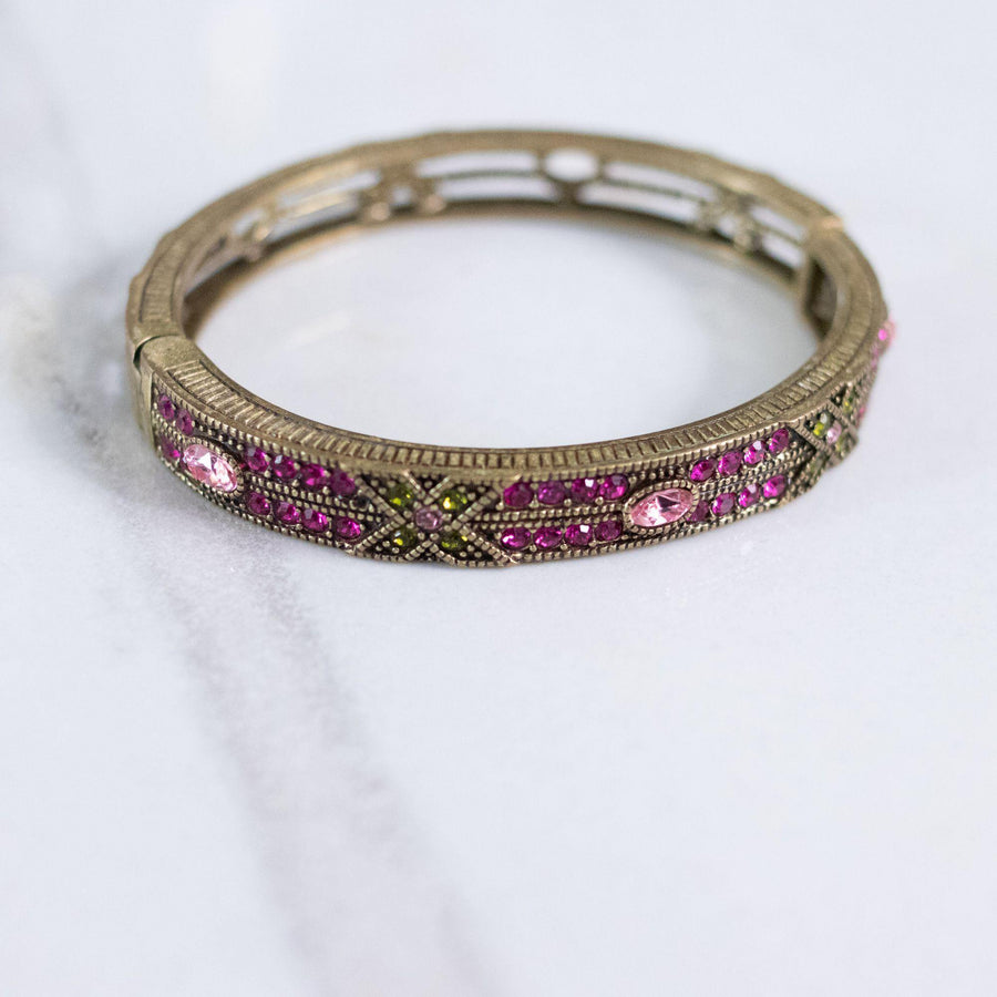 Vintage Heidi Daus Pink and Green Rhinestone Hinged Bangle Bracelet by Heidi Daus - Vintage Meet Modern Vintage Jewelry - Chicago, Illinois - #oldhollywoodglamour #vintagemeetmodern #designervintage #jewelrybox #antiquejewelry #vintagejewelry