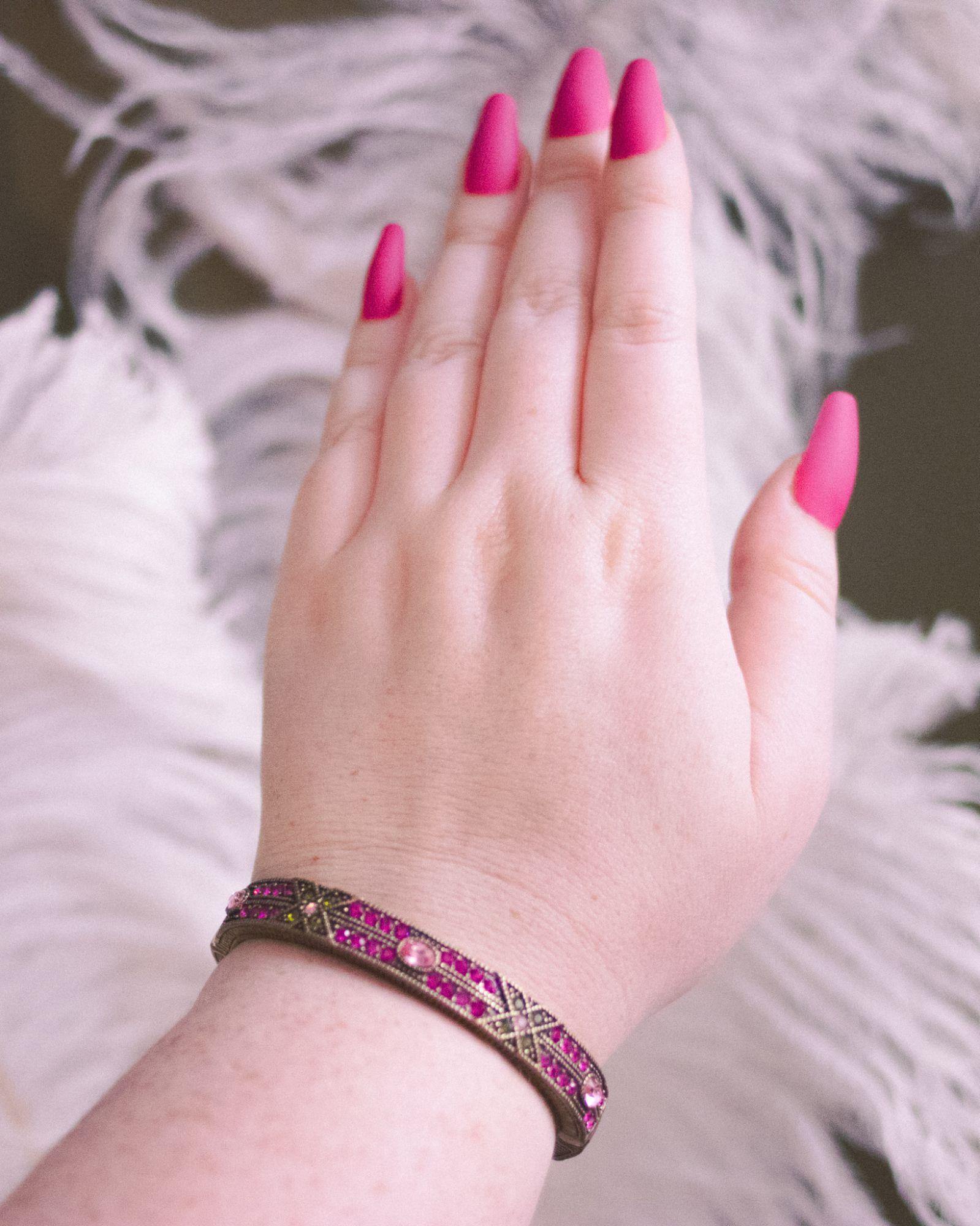 Vintage Heidi Daus Pink and Green Rhinestone Hinged Bangle Bracelet by Heidi Daus - Vintage Meet Modern Vintage Jewelry - Chicago, Illinois - #oldhollywoodglamour #vintagemeetmodern #designervintage #jewelrybox #antiquejewelry #vintagejewelry