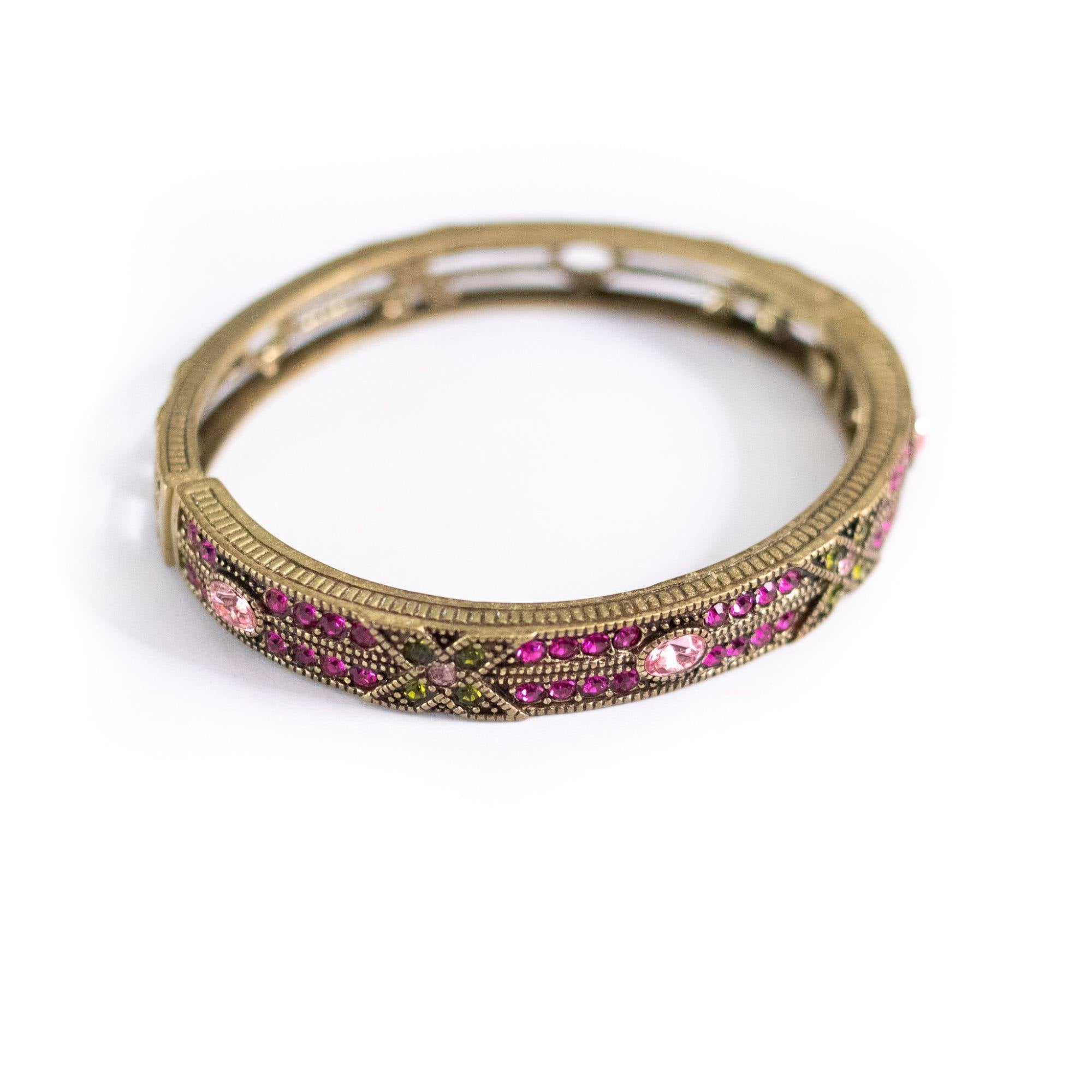 Vintage Heidi Daus Pink and Green Rhinestone Hinged Bangle Bracelet by Heidi Daus - Vintage Meet Modern Vintage Jewelry - Chicago, Illinois - #oldhollywoodglamour #vintagemeetmodern #designervintage #jewelrybox #antiquejewelry #vintagejewelry