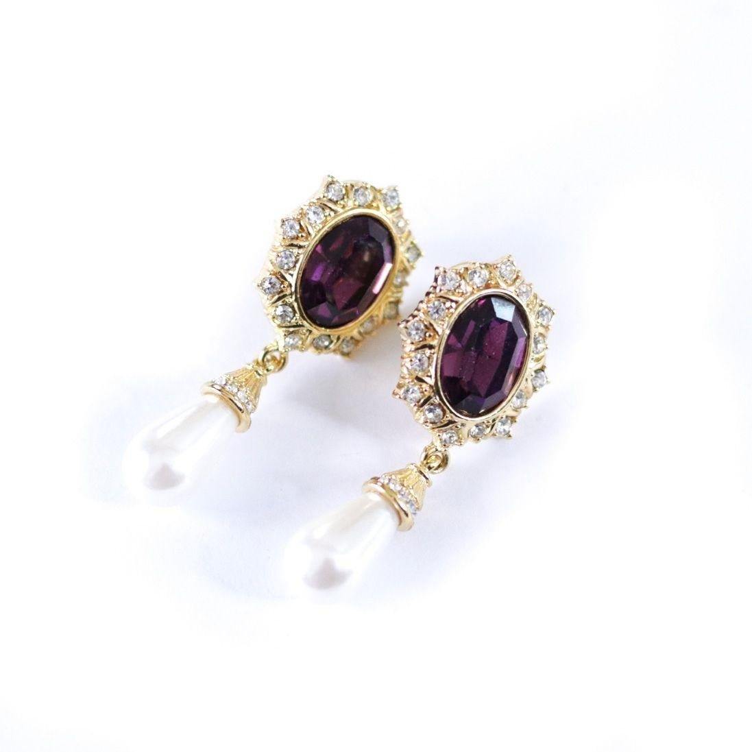 Vintage Amethyst Rhinestone and Pearl Drop Earrings by Unsigned Beauty - Vintage Meet Modern Vintage Jewelry - Chicago, Illinois - #oldhollywoodglamour #vintagemeetmodern #designervintage #jewelrybox #antiquejewelry #vintagejewelry
