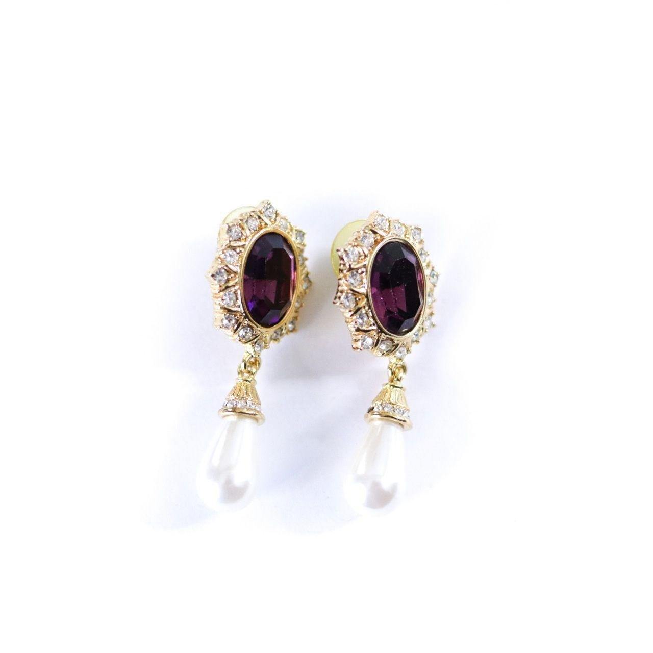Vintage Amethyst Rhinestone and Pearl Drop Earrings by Unsigned Beauty - Vintage Meet Modern Vintage Jewelry - Chicago, Illinois - #oldhollywoodglamour #vintagemeetmodern #designervintage #jewelrybox #antiquejewelry #vintagejewelry