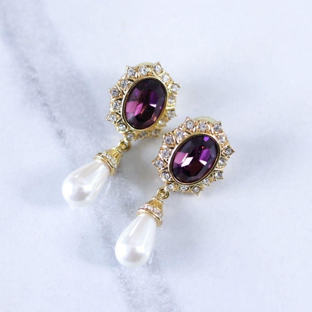 Vintage Amethyst Rhinestone and Pearl Drop Earrings by Unsigned Beauty - Vintage Meet Modern Vintage Jewelry - Chicago, Illinois - #oldhollywoodglamour #vintagemeetmodern #designervintage #jewelrybox #antiquejewelry #vintagejewelry