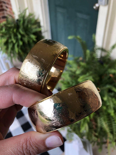 Set of Vintage Victorian Style Etched Floral Bangle Bracelets by Unsigned Beauty - Vintage Meet Modern Vintage Jewelry - Chicago, Illinois - #oldhollywoodglamour #vintagemeetmodern #designervintage #jewelrybox #antiquejewelry #vintagejewelry