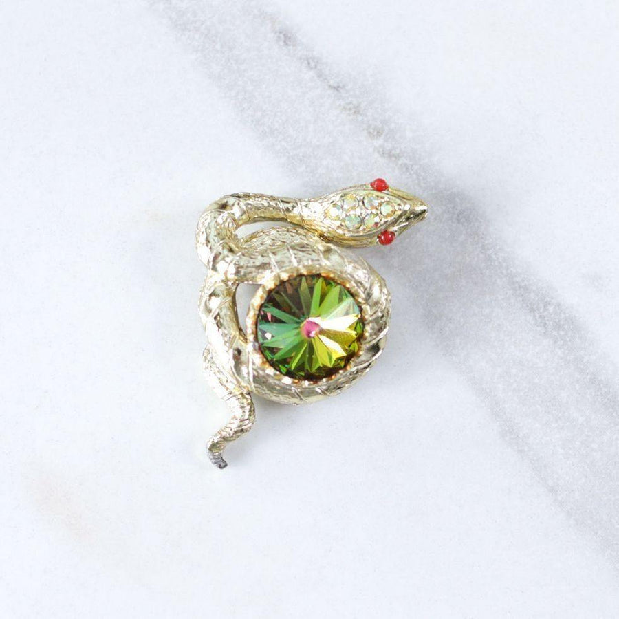Vintage Whiting and Davis Snake Brooch with Heliotrope Rhinestone by Whiting and Davis - Vintage Meet Modern Vintage Jewelry - Chicago, Illinois - #oldhollywoodglamour #vintagemeetmodern #designervintage #jewelrybox #antiquejewelry #vintagejewelry