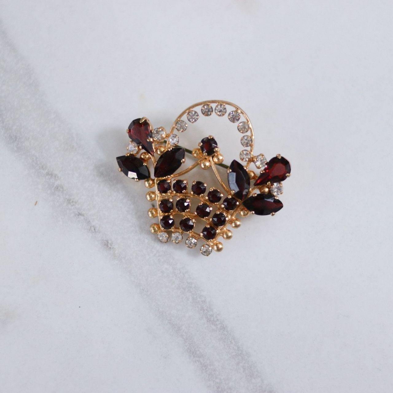 Vintage Garnet and Diamante Rhinestone Basket Brooch by Unsigned Beauty - Vintage Meet Modern Vintage Jewelry - Chicago, Illinois - #oldhollywoodglamour #vintagemeetmodern #designervintage #jewelrybox #antiquejewelry #vintagejewelry