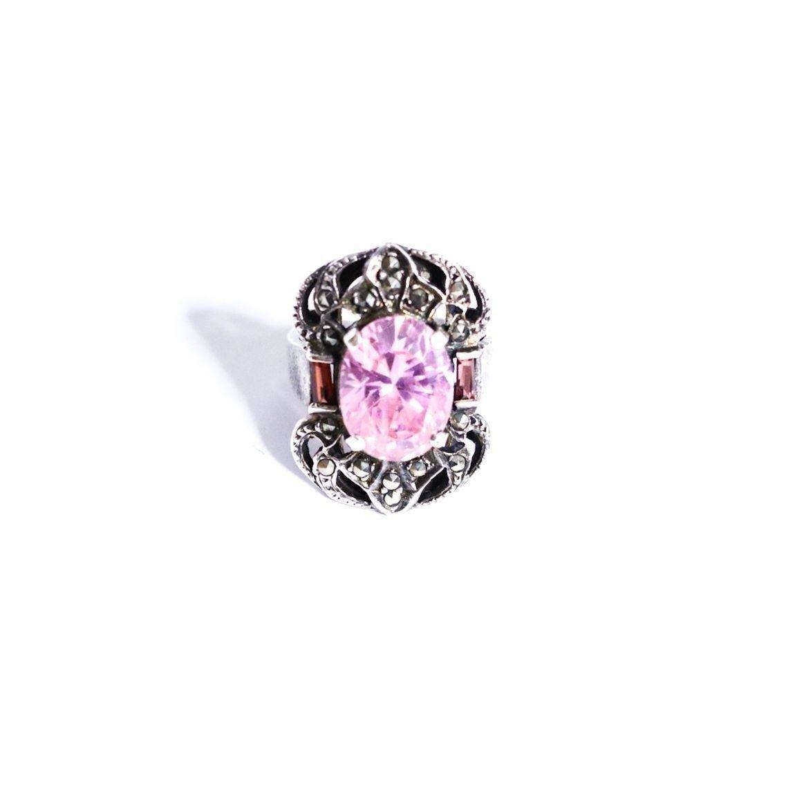 Vintage Pink Cubic Zirconia and Marcasite Statement Ring
