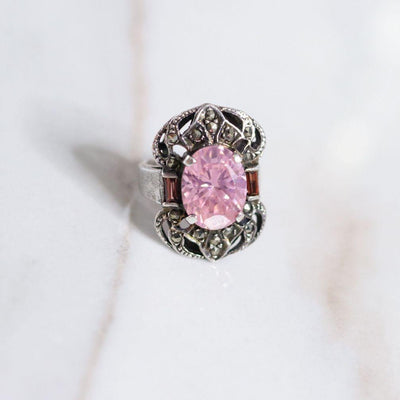 Vintage Pink Cubic Zirconia and Marcasite Statement Ring by Hallmarked 925 - Vintage Meet Modern Vintage Jewelry - Chicago, Illinois - #oldhollywoodglamour #vintagemeetmodern #designervintage #jewelrybox #antiquejewelry #vintagejewelry